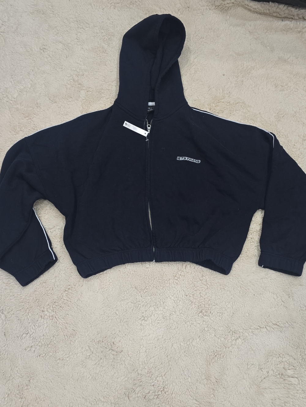 Black Cropped Hoodie Zip-Up with Contrast Piping